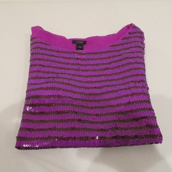 Women XXS Purple Sequins T-Shirt Top J.Crew Short Sleeve Crew Neck Sparkly Fun - Picture 11 of 11